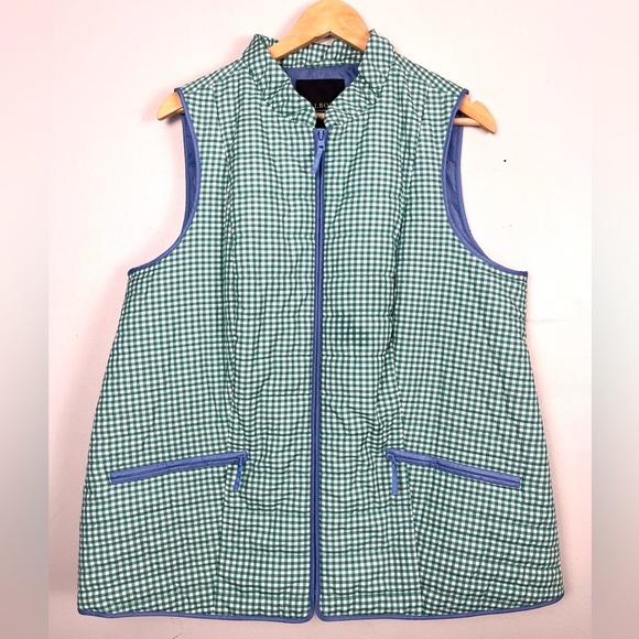 Talbots Green White Gingham Plaid Blue Trimmed Quilted Vest Zip Front Size 1X - Picture 2 of 5